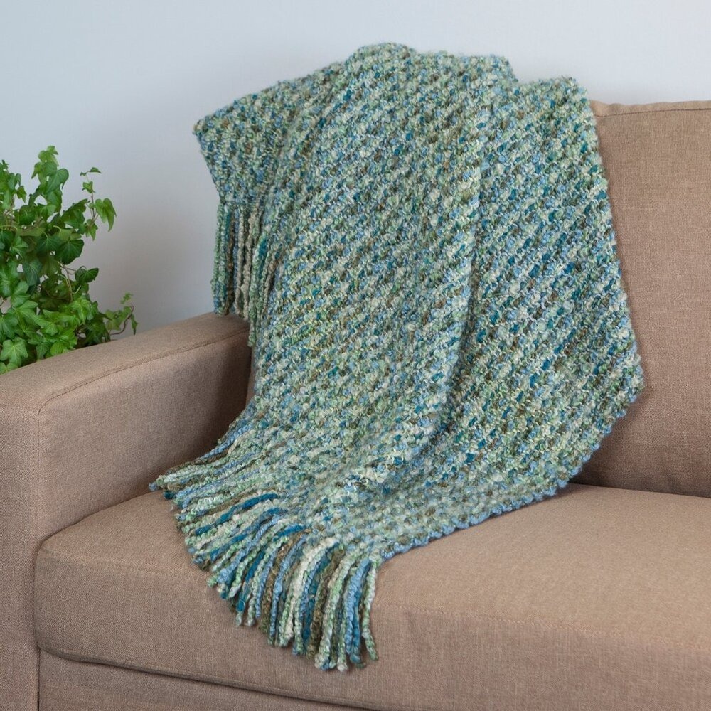 Kennebunk Home‎ Woven Throw Blanket Green Blue Striped Fringe Made in USA